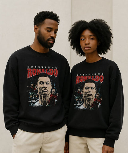 Cristiano Ronaldo Portugal Red Distressed Vintage Face Portrait Unisex Fan Crewneck