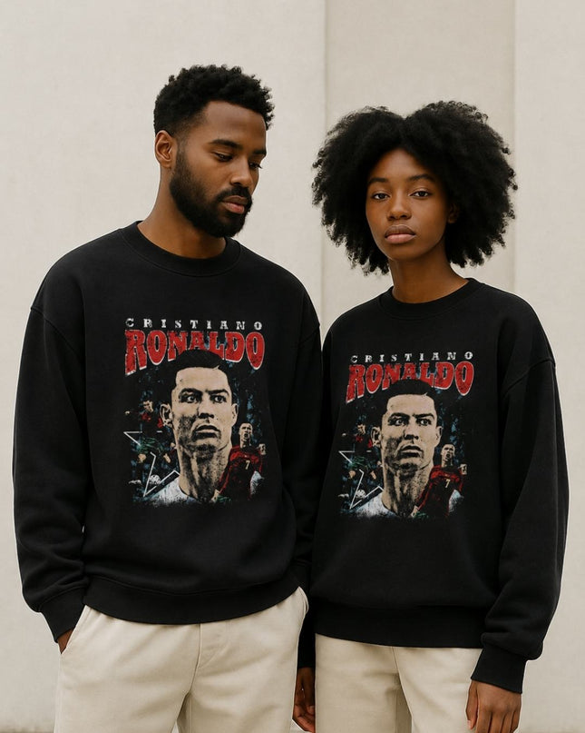 Cristiano Ronaldo Portugal Red Distressed Vintage Face Portrait Unisex Fan Crewneck