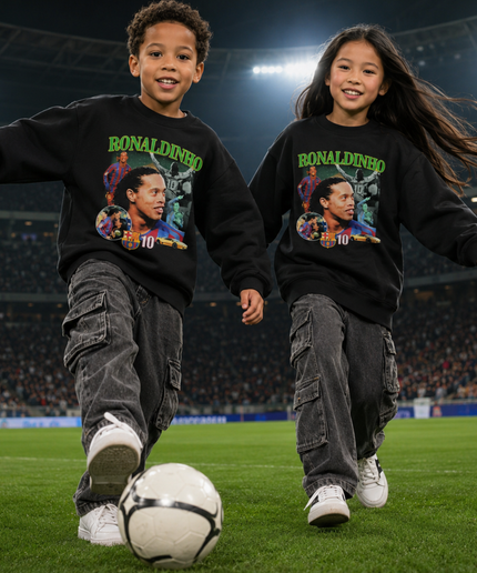 Ronaldinho Barcelone #10 Vert Néon Rétro Portrait Visage Action FCB Collage Enfants Fan Col Rond