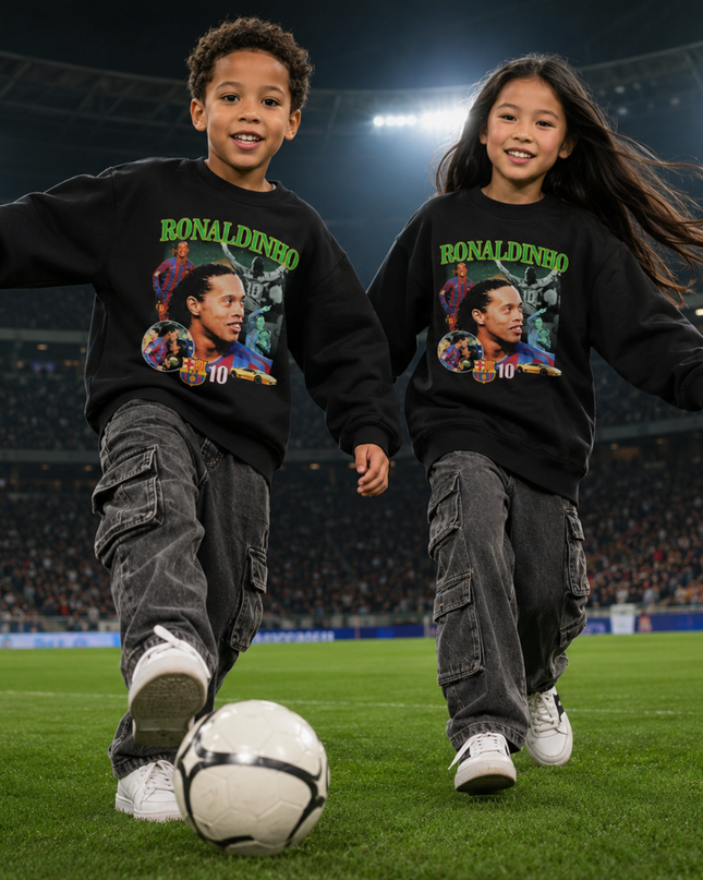 Ronaldinho Barcelona #10 Green Neon Retro Face Portrait Action FCB Collage Kids Fan Crewneck