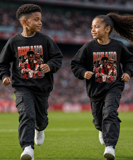 Bukayo Saka Arsenal #7 Red Script Celebration Multi-Pose Collage Kids Fan Crewneck