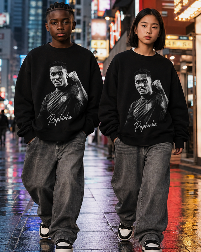 Raphinha Barcelona Black White B&W Fist Pump Intensity Face Portrait Signature Kids Fan Crewneck