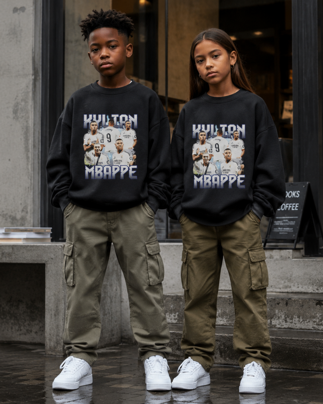 Kylian Mbappé Real Madrid #9 Multi-Pose Collage Bootleg Kids Fan Crewneck