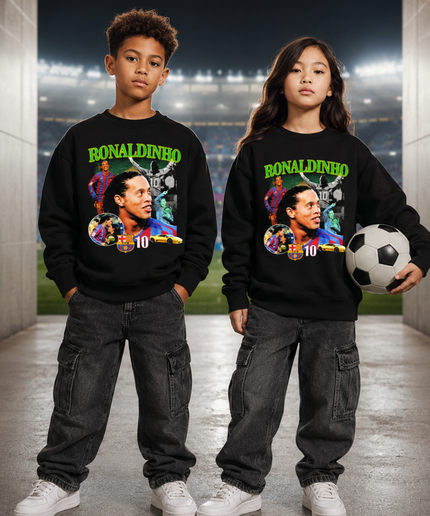 Ronaldinho Barcelone #10 Vert Néon Rétro Portrait Visage Action FCB Collage Enfants Fan Col Rond