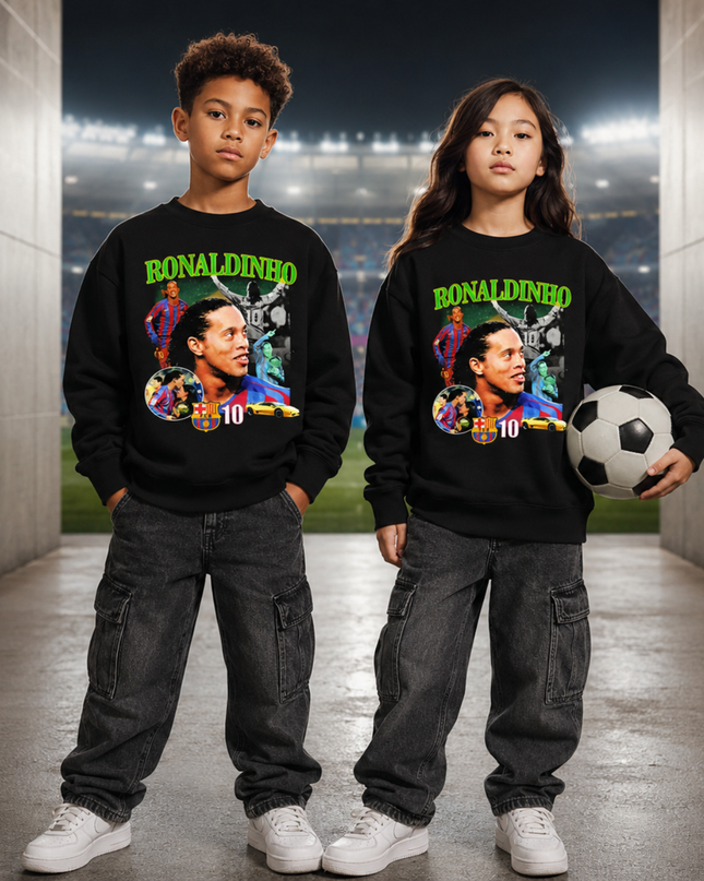 Ronaldinho Barcelona #10 Green Neon Retro Face Portrait Action FCB Collage Kids Fan Crewneck