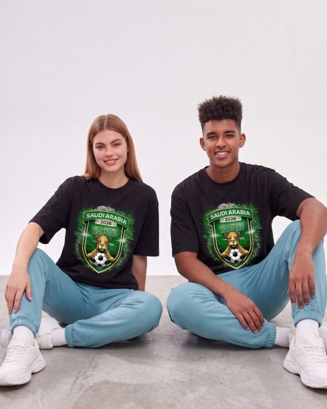 T-shirt unisexe Coupe du Monde de Football Arabie Saoudite 2026 emblème Bouclier Chameau