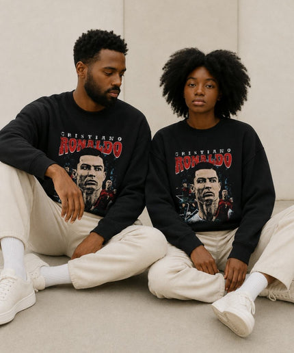 Cristiano Ronaldo Portugal Red Distressed Vintage Face Portrait Unisex Fan Crewneck