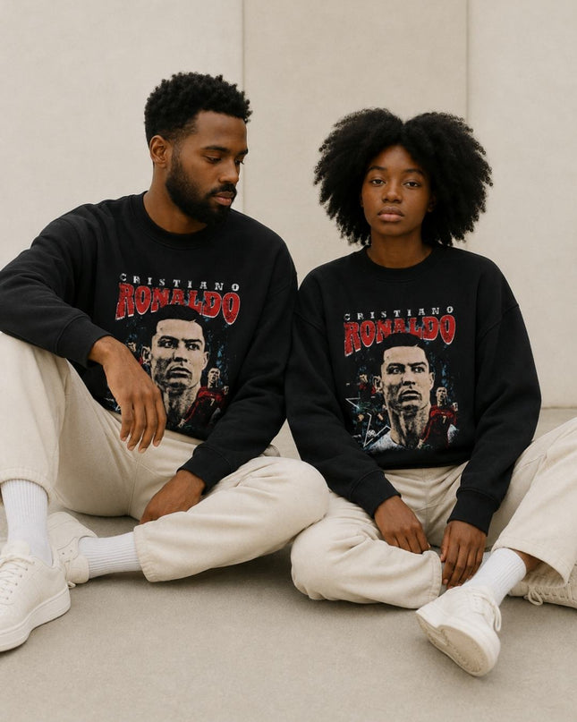 Cristiano Ronaldo Portugal Red Distressed Vintage Face Portrait Unisex Fan Crewneck