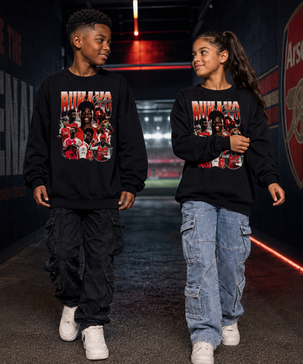 Bukayo Saka Arsenal #7 Red Script Celebration Multi-Pose Collage Kids Fan Crewneck