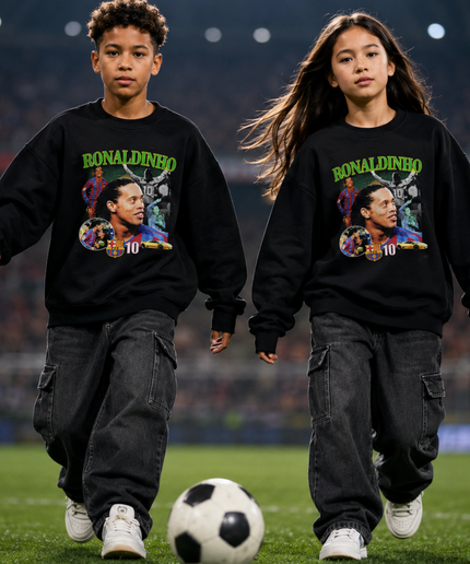 Ronaldinho Barcelone #10 Vert Néon Rétro Portrait Visage Action FCB Collage Enfants Fan Col Rond