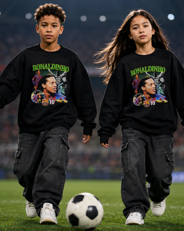 Ronaldinho Barcelona #10 Green Neon Retro Face Portrait Action FCB Collage Kids Fan Crewneck