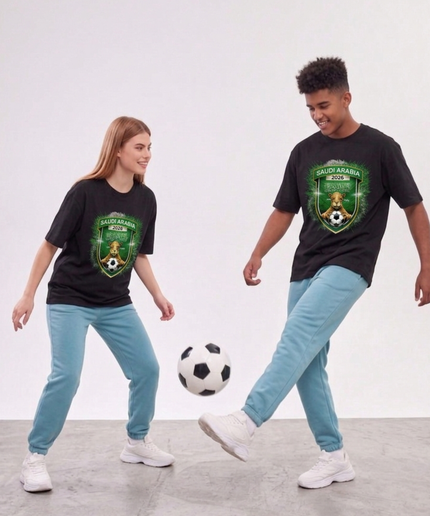 T-shirt unisexe Coupe du Monde de Football Arabie Saoudite 2026 emblème Bouclier Chameau
