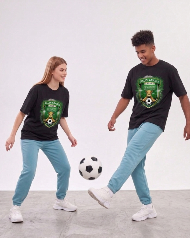 T-shirt unisexe Coupe du Monde de Football Arabie Saoudite 2026 emblème Bouclier Chameau
