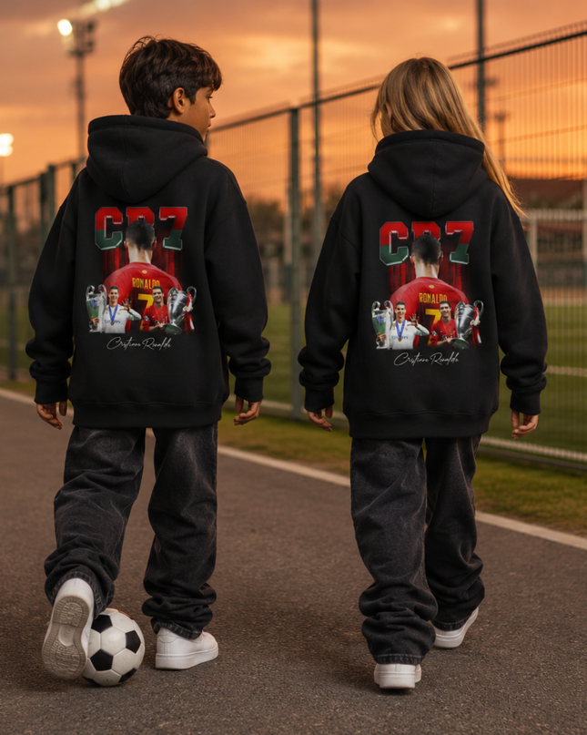 Cristiano Ronaldo CR7 Portugal Green Bold Champions League Trophy Collage Kids Fan Hoodie