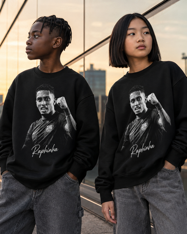 Raphinha Barcelona Black White B&W Fist Pump Intensity Face Portrait Signature Kids Fan Crewneck
