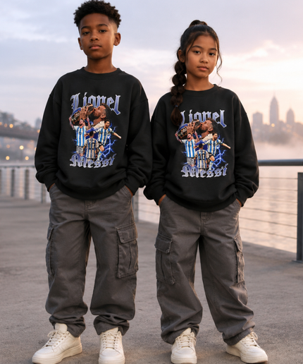 Lionel Messi Argentina Gothic Old English Lightning Multi-Pose Black Kids Fan Crewneck
