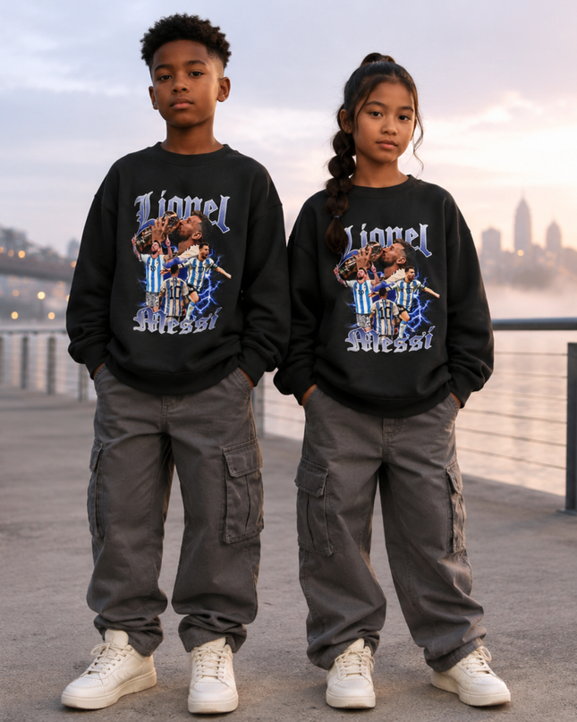 Lionel Messi Argentina Gothic Old English Lightning Multi-Pose Black Kids Fan Crewneck