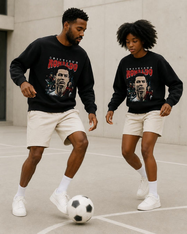 Cristiano Ronaldo Portugal Red Distressed Vintage Face Portrait Unisex Fan Crewneck
