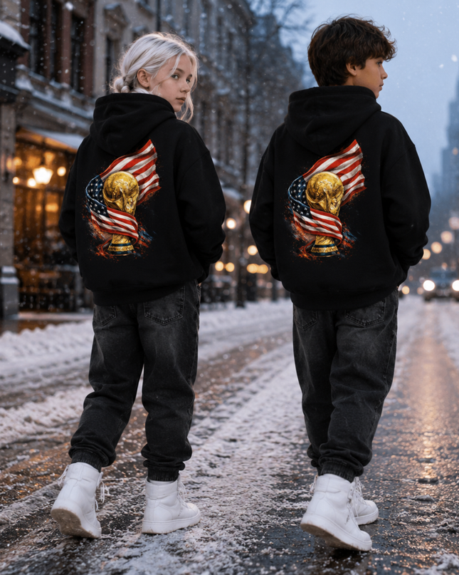 USA World Cup Trophy Flag Kids Fan Hoodie