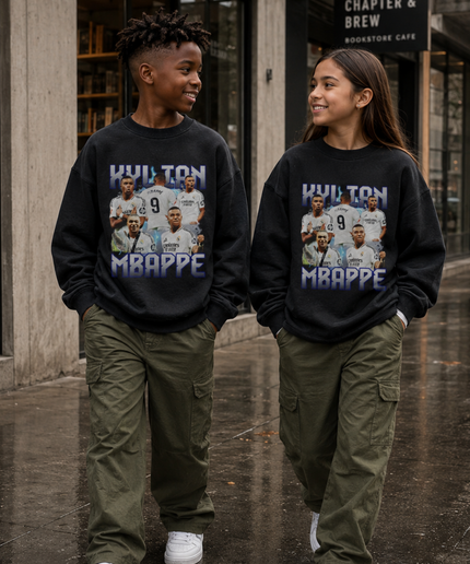 Kylian Mbappé Real Madrid #9 Collages multi-poses Bootleg Kids Fan Crewneck