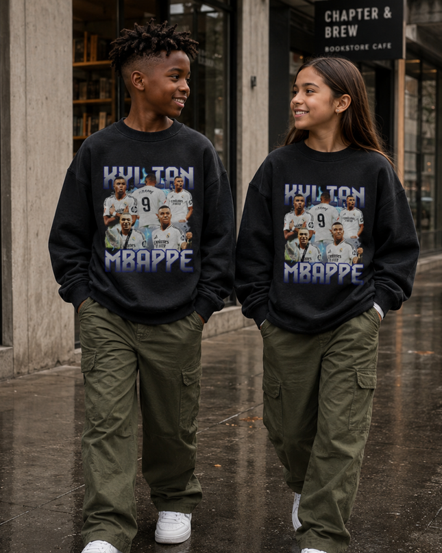 Kylian Mbappé Real Madrid #9 Multi-Pose Collage Bootleg Kids Fan Crewneck