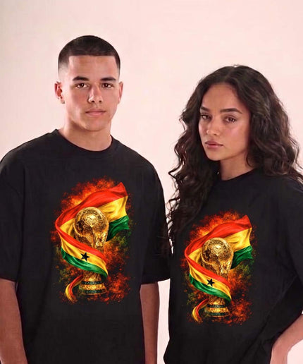 T-shirt unisexe fan Coupe du Monde 2026 Ghana Trophée Drapeau Feu Football