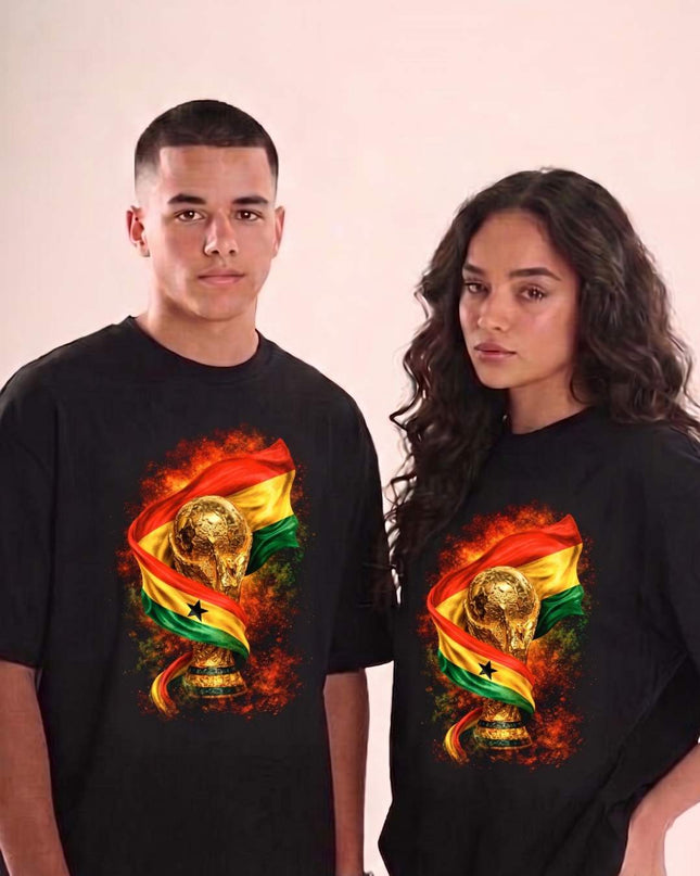 T-shirt unisexe fan Coupe du Monde 2026 Ghana Trophée Drapeau Feu Football