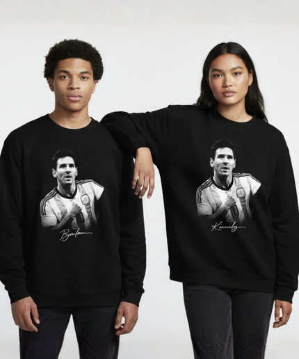 Lionel Messi Argentine Noir Blanc Gris Bras Croisés Célébration Portrait Unisexe Col Rond Fan