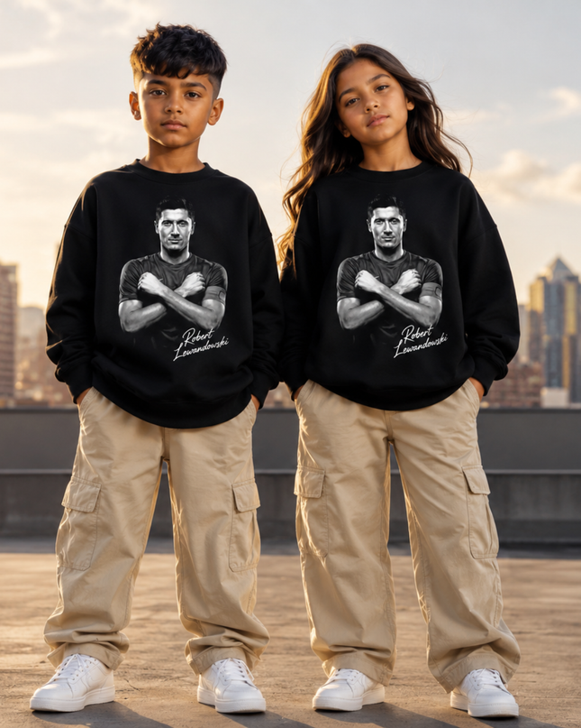 Robert Lewandowski Barcelona Black White B&W Crossed Arms Face Portrait Cursive Script Kids Fan Crewneck