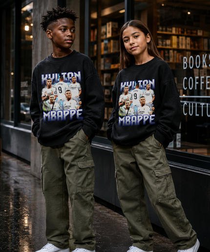 Kylian Mbappé Real Madrid #9 Collages multi-poses Bootleg Kids Fan Crewneck