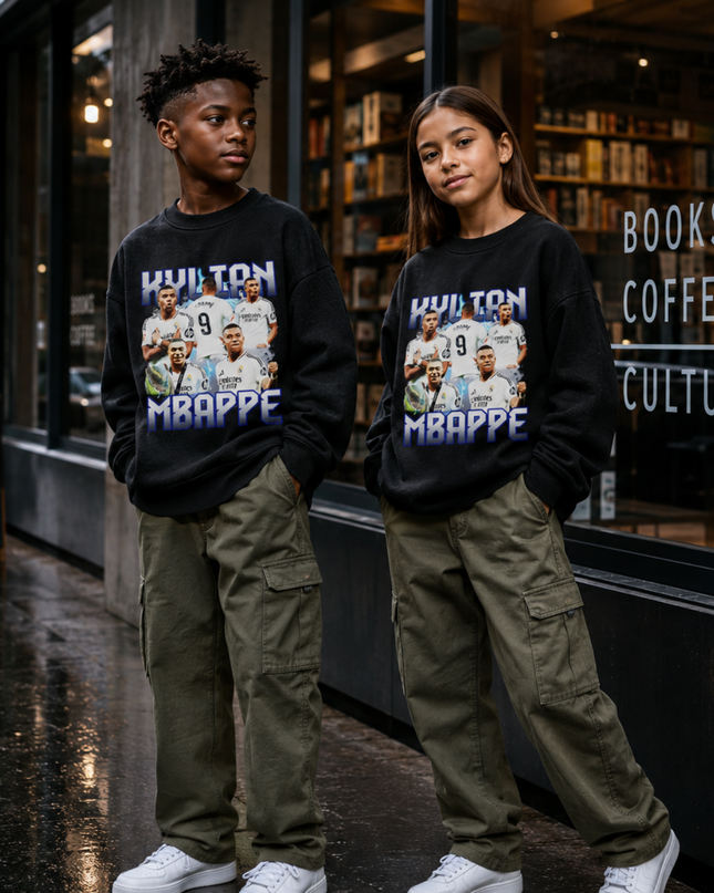 Kylian Mbappé Real Madrid #9 Multi-Pose Collage Bootleg Kids Fan Crewneck