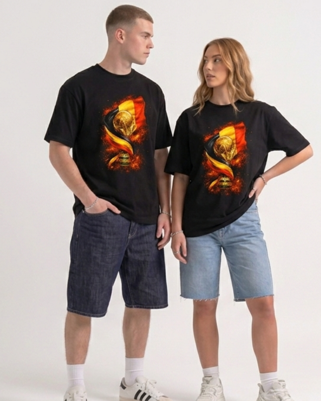 Belgique Coupe du Monde Trophée Drapeau Feu Football Coupe du Monde 2026 T-shirt Unisexe Fan