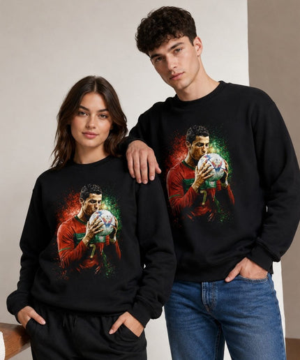 Cristiano Ronaldo Portugal Baiser Ballon Rouge Vert Paillettes Peinture Éclaboussure Portrait Unisexe Fan Col Rond