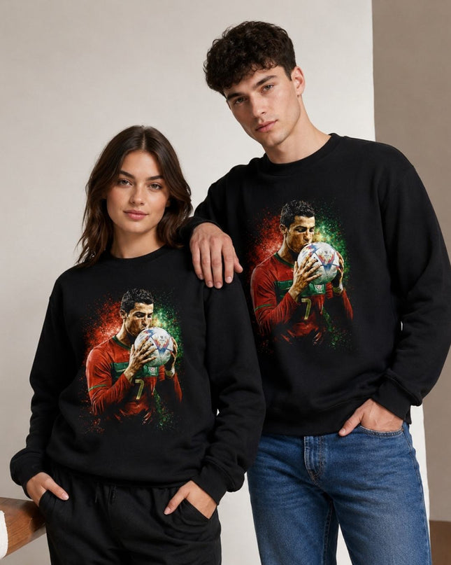 Cristiano Ronaldo Portugal Ball Kiss Red Green Glitter Paint Splash Portrait Unisex Fan Crewneck