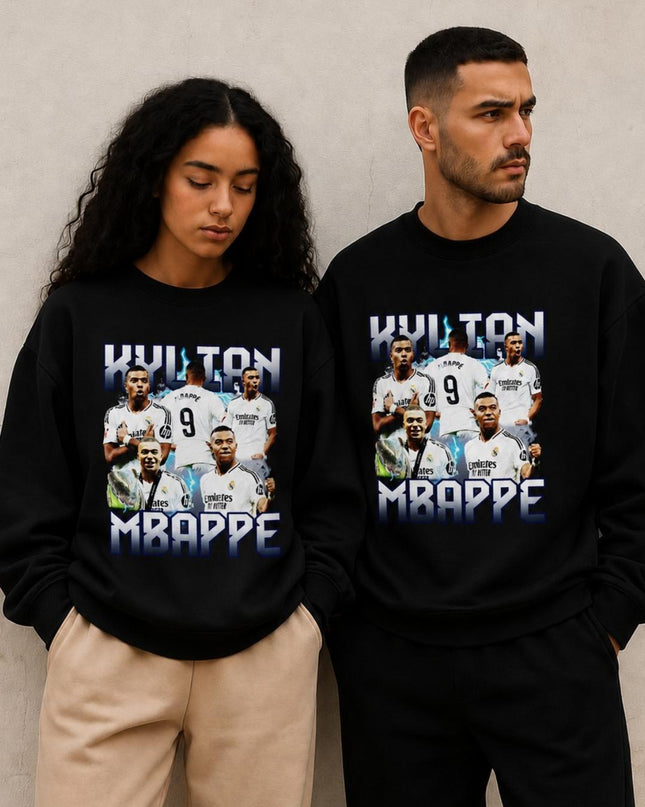 Kylian Mbappé Real Madrid Lightning Blue Bootleg Collage Unisex Fan Crewneck