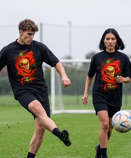 T-shirt supporter unisexe Maroc Coupe du Monde Trofée Drapeau Feu Football Coupe du Monde 2026