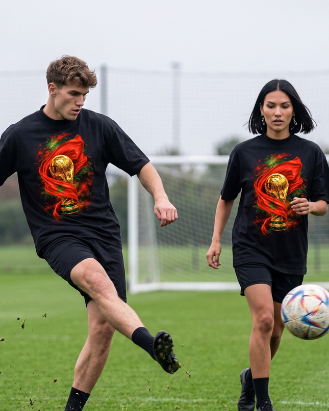 T-shirt supporter unisexe Maroc Coupe du Monde Trofée Drapeau Feu Football Coupe du Monde 2026