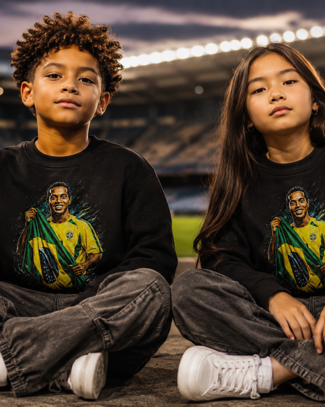 Ronaldinho Brazil #11 World Cup Trophy Kiss Gold Paint Splash Kids Fan Crewneck