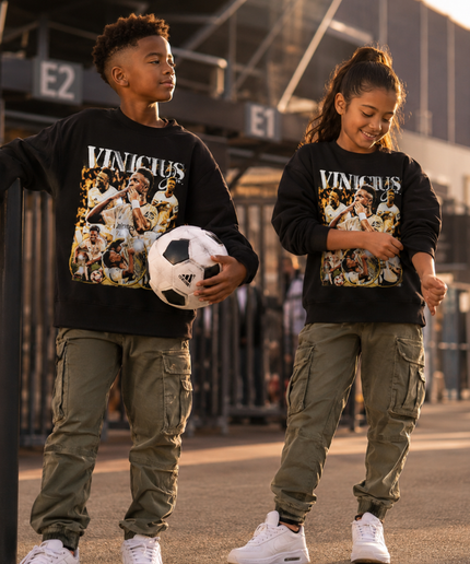 Vinicius Jr Real Madrid White Gold Vintage Rap Bootleg Multi-Pose Collage Kids Fan Crewneck