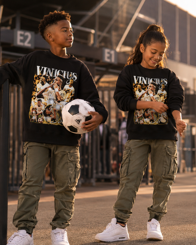 Vinicius Jr Real Madrid White Gold Vintage Rap Bootleg Multi-Pose Collage Kids Fan Crewneck