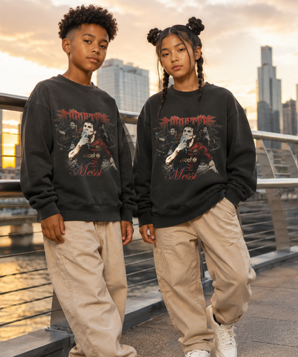 Lionel Messi Barcelona Monster Red Gothic Metal Multi-Pose Washed Black Kids Fan Crewneck