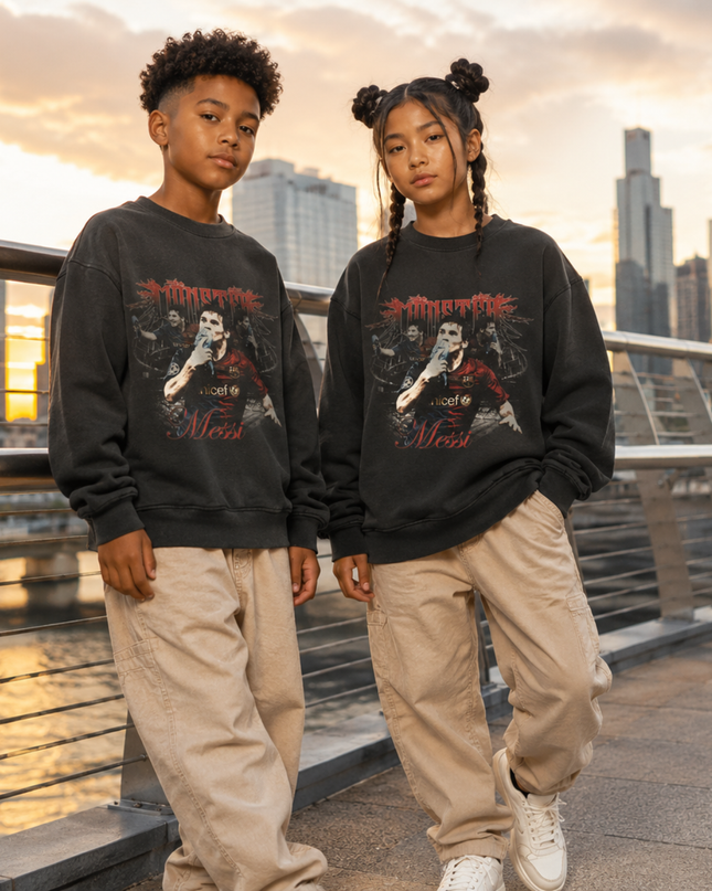 Lionel Messi Barcelona Monster Red Gothic Metal Multi-Pose Washed Black Kids Fan Crewneck
