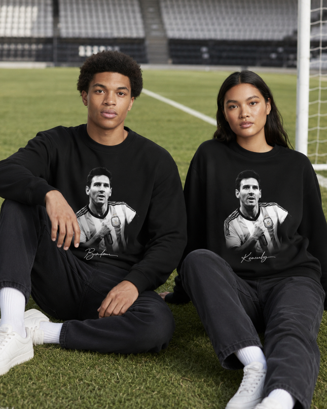 Lionel Messi Argentina Black White Grayscale Crossed Arms Celebration Portrait Unisex Fan Crewneck