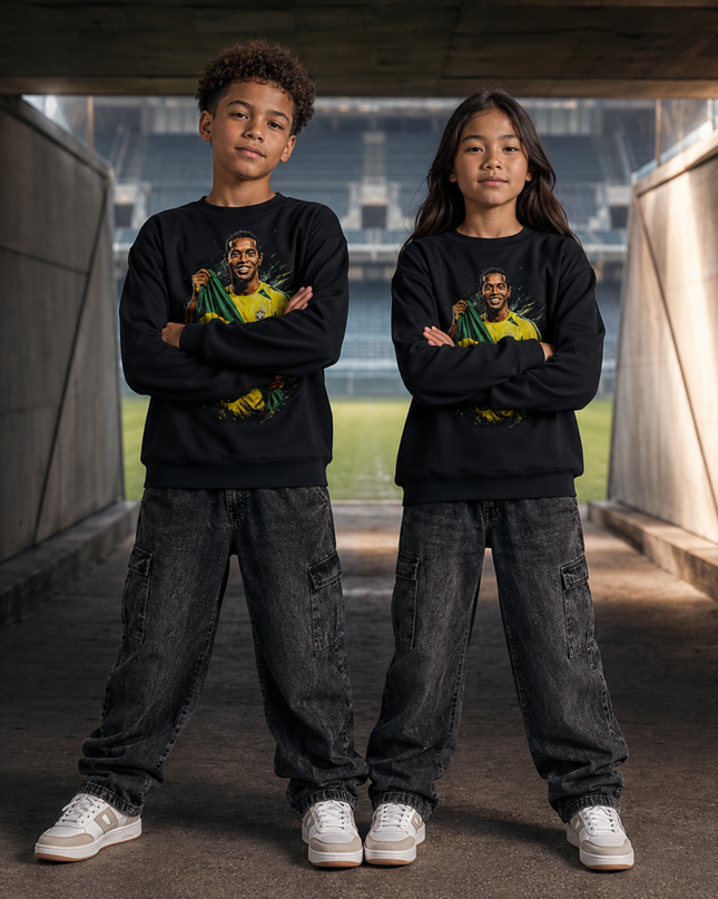 Ronaldinho Brazil #11 World Cup Trophy Kiss Gold Paint Splash Kids Fan Crewneck