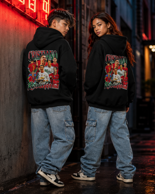 Cristiano Ronaldo CRISTIANO Ronaldo Green-Red Portugal Vintage Bootleg Multi-Pose Collage Kids Fan Hoodie