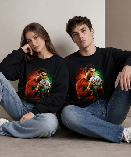 Cristiano Ronaldo Portugal Baiser Ballon Rouge Vert Paillettes Peinture Éclaboussure Portrait Unisexe Fan Col Rond