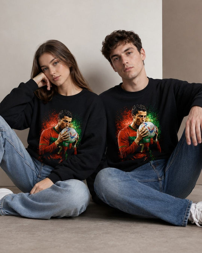 Cristiano Ronaldo Portugal Ball Kiss Red Green Glitter Paint Splash Portrait Unisex Fan Crewneck