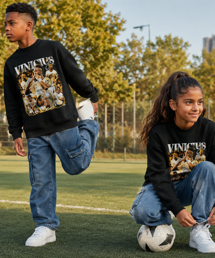 Vinicius Jr Real Madrid White Gold Vintage Rap Bootleg Multi-Pose Collage Kids Fan Crewneck