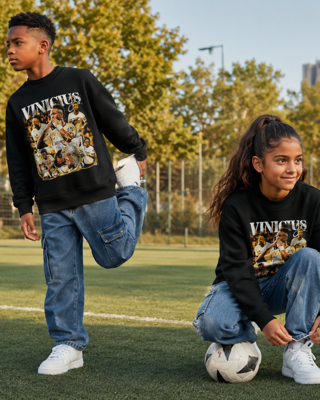 Vinicius Jr Real Madrid White Gold Vintage Rap Bootleg Multi-Pose Collage Kids Fan Crewneck