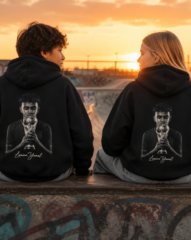 Lamine Yamal Trophy Kiss Black & White Portrait Kids Fan Hoodie